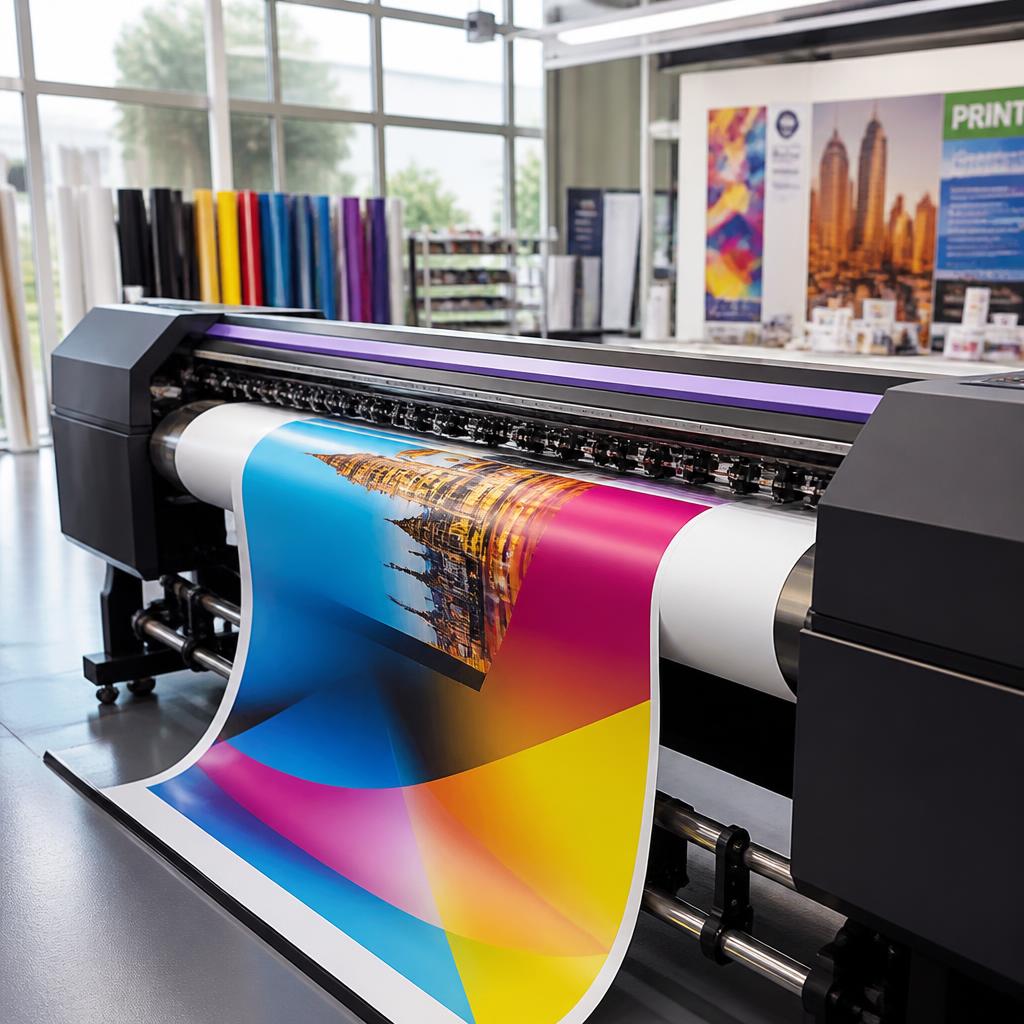 Plotter de gran formato imprimiendo una lona a todo color